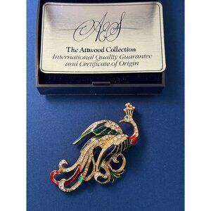 Attwood & Sawyer Peacock Swarovski 22K Gold Plated Enamel Vintage Brooch In Box